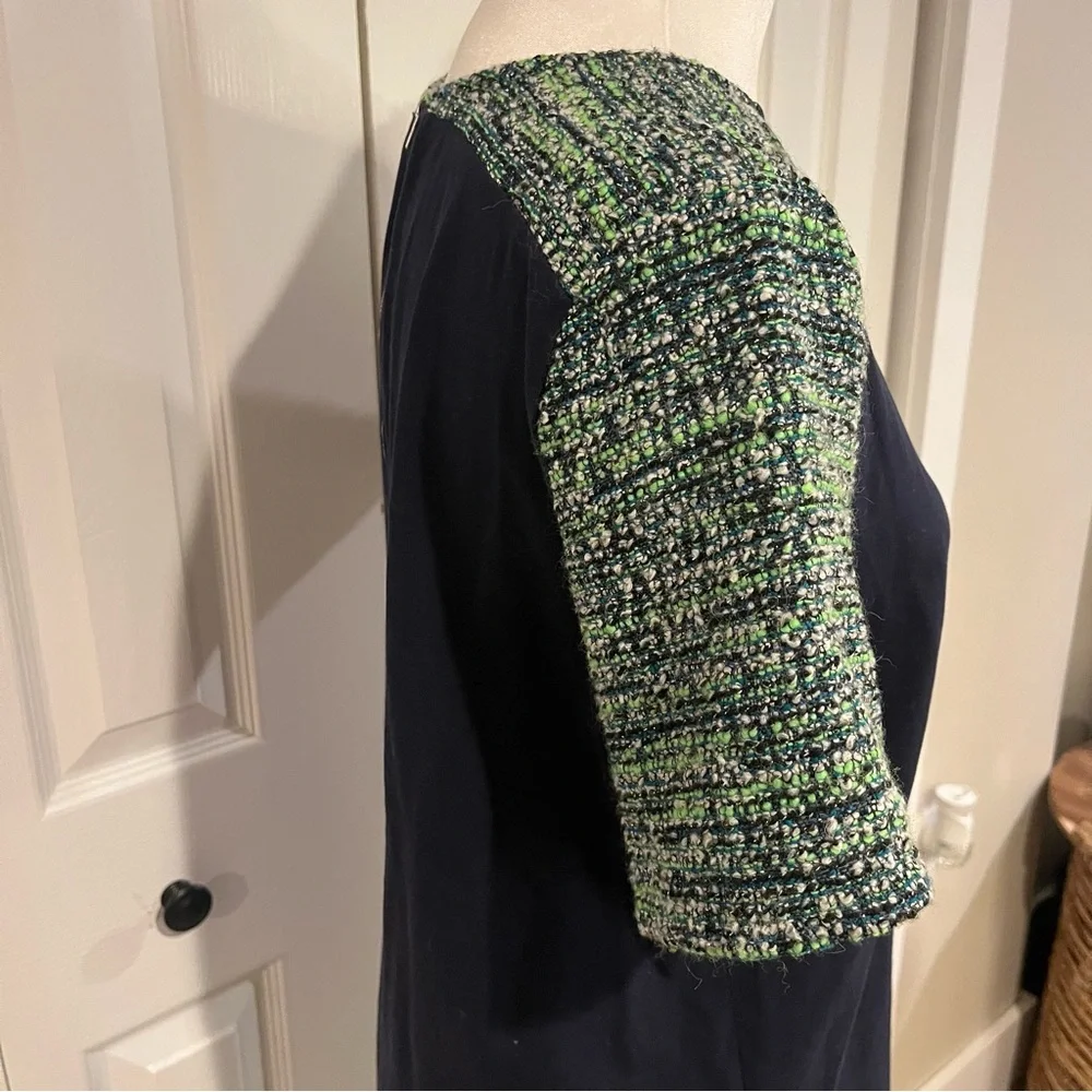 J.Crew Navy & Green Tweed Sleeve Top, Size M